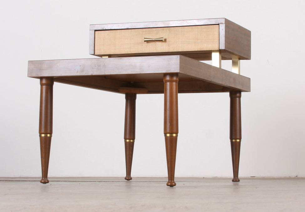 Mid Century Modern two tiered end table in two toned brown formica EBTH