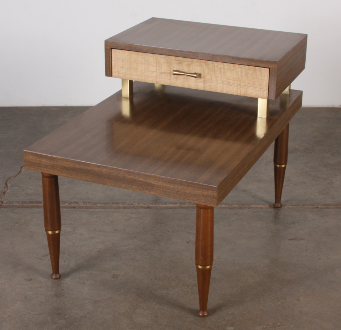 Mid Century Modern two tiered end table in two toned brown formica EBTH