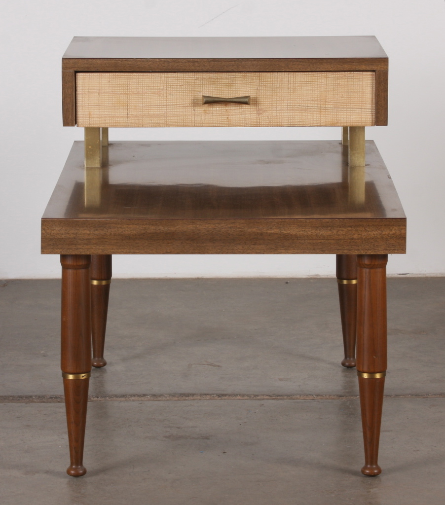 Mid Century Modern two tiered end table in two toned brown formica EBTH