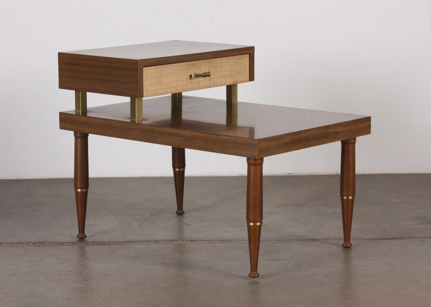 Mid Century Modern two tiered end table in two toned brown formica EBTH