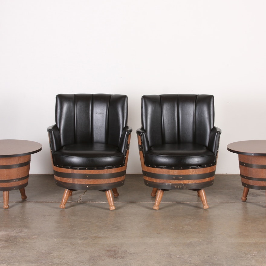 Two 1960 S 70 S Vintage Whiskey Barrel End Tables 2 Black Vinyl Chairs