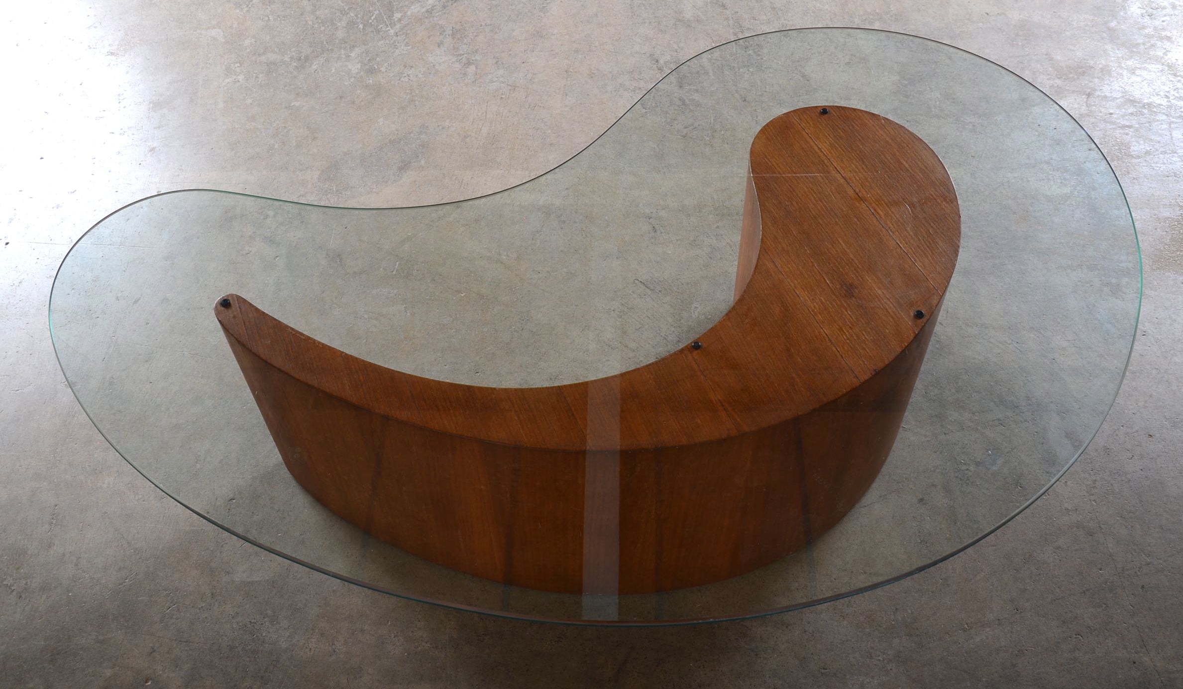 Vladimir Kagan Style Mid Century Wood and Glass Comma Shaped Coffee