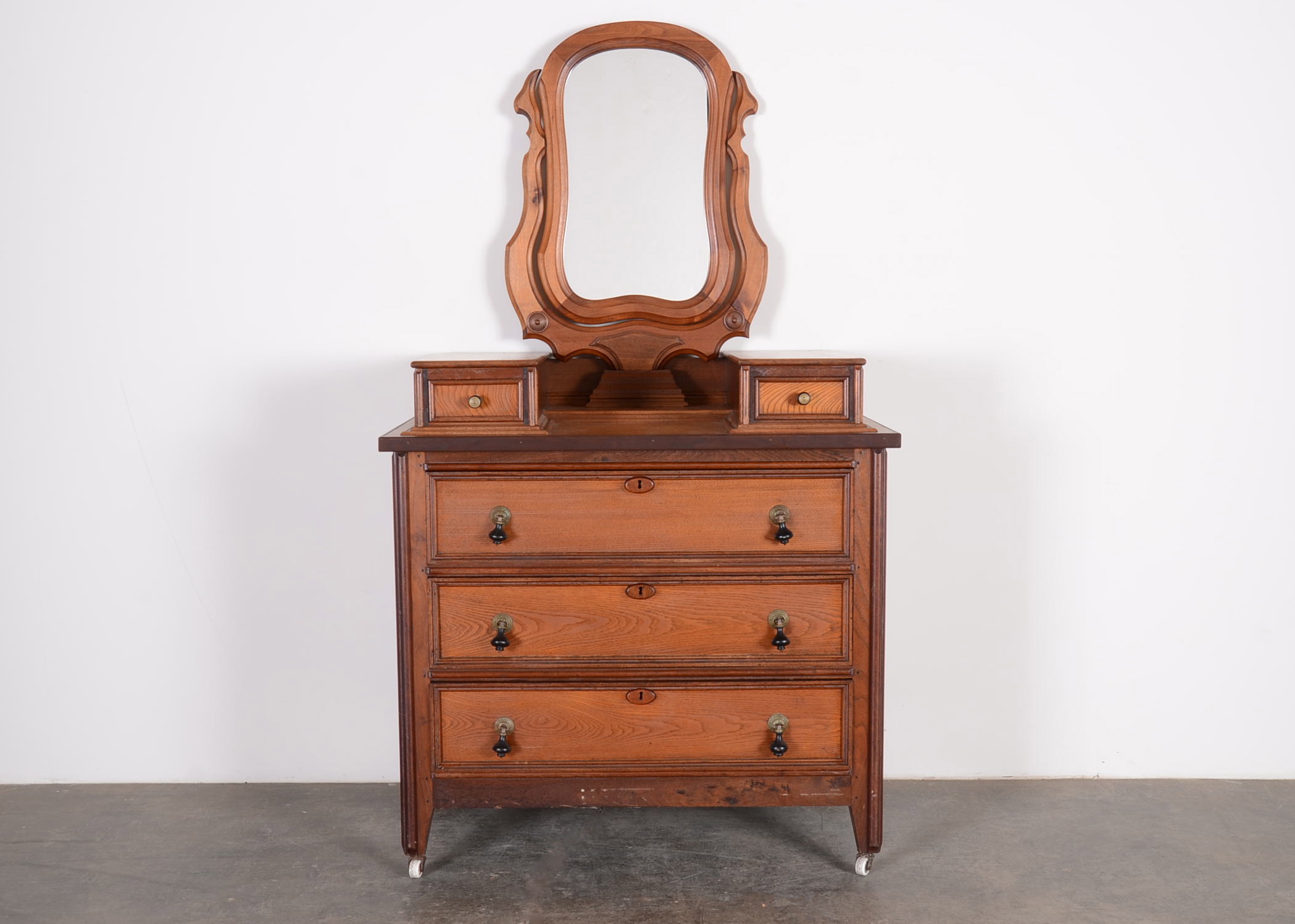 Late 1800s Chestnut and Walnut Vanity Chest Dresser with Mirror EBTH