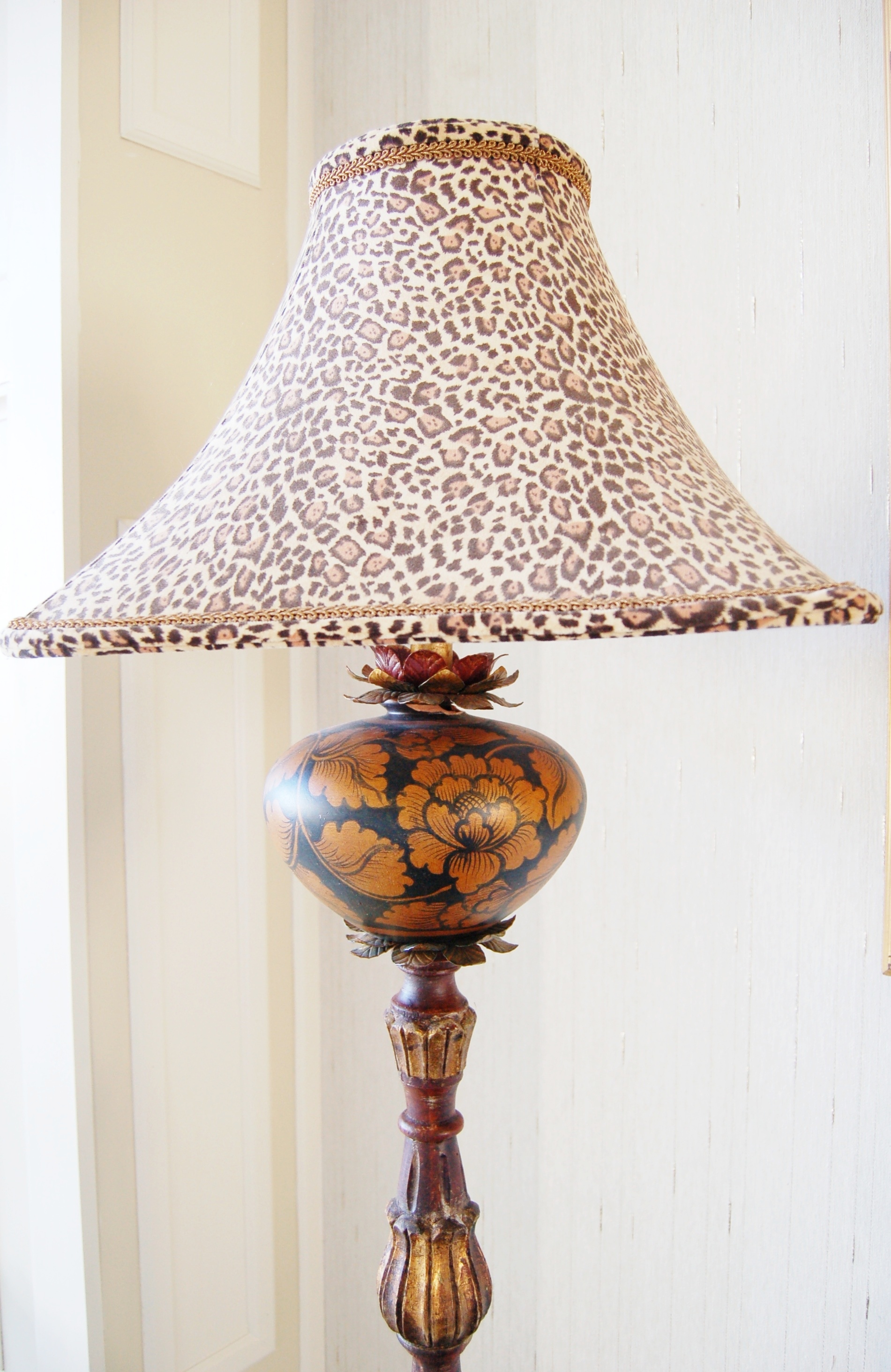 Ornate Wooden Floor Lamp With Animal Print Shade Ebth