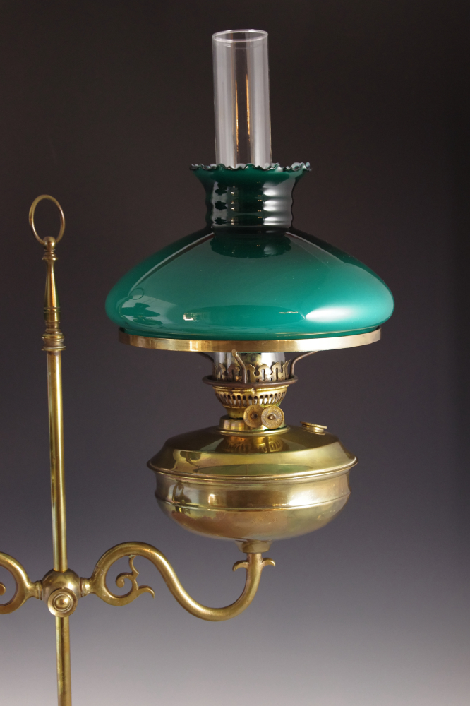 Antique English Double Light Brass Oil Lamp, with Green Glass Shades | EBTH