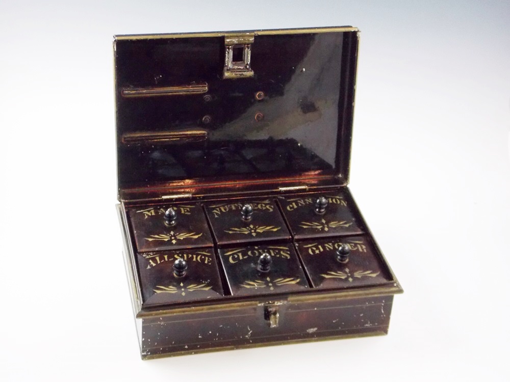 An Antique Tin Spice Box With Decorative Stenciling And The Original Spice Tins Ebth