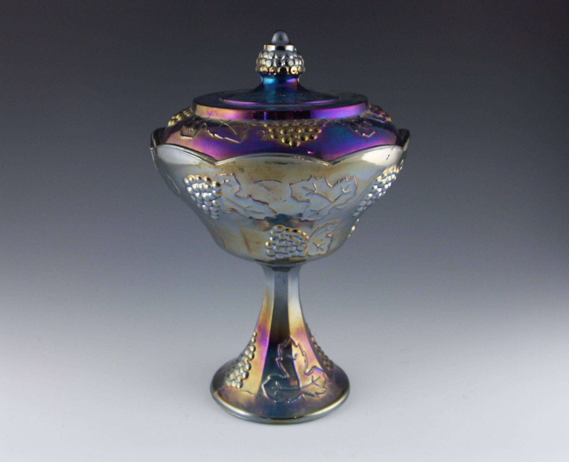 Purple/Blue Grape Vine Carnival Glass Lidded Candy Dish EBTH