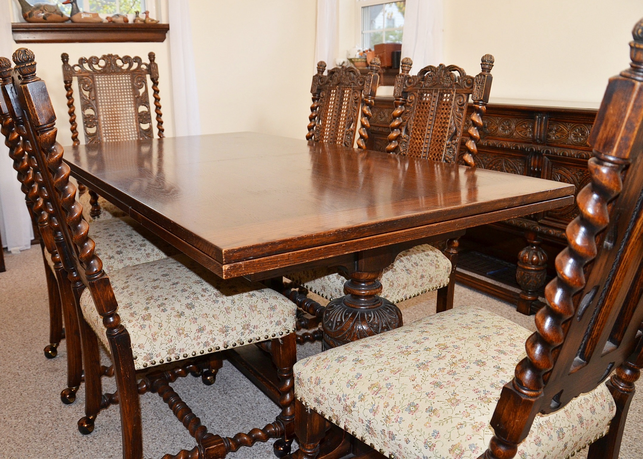 Early 20th Century Jacobean Revival Oak Dining Room Table and Chairs EBTH