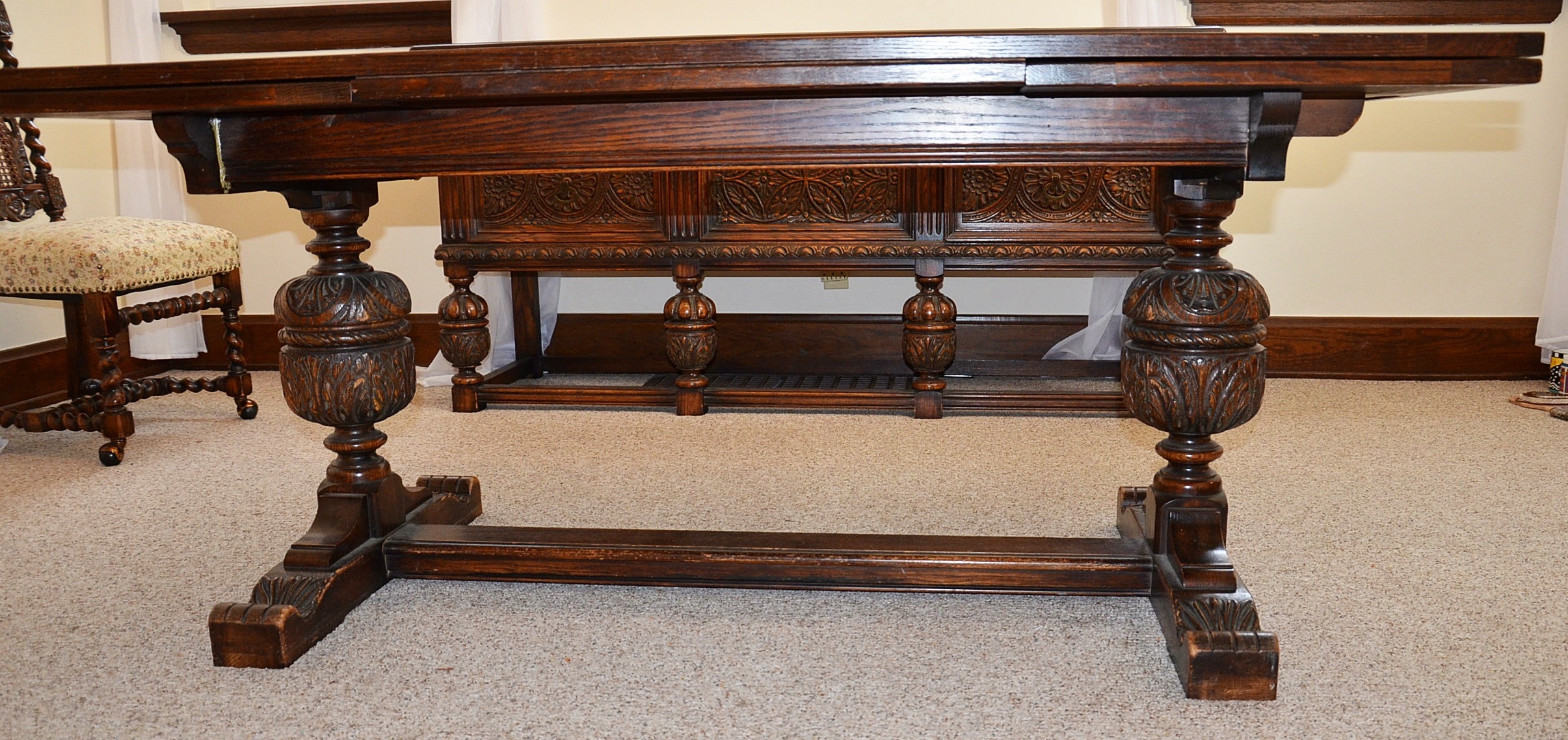 Early 20th Century Jacobean Revival Oak Dining Room Table and Chairs EBTH