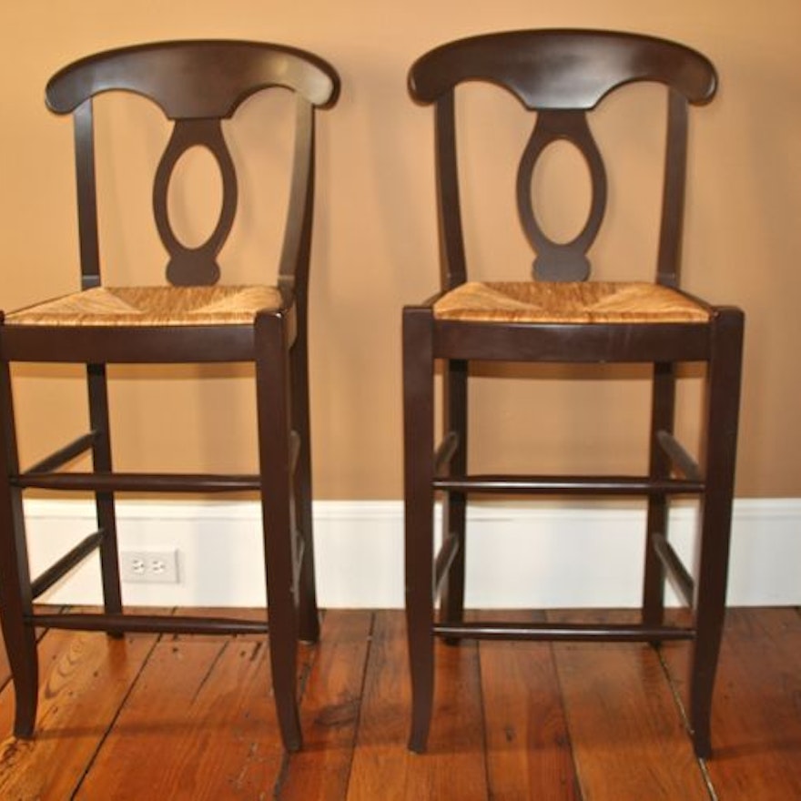 Pottery Barn French Country Style Rush Seat Bar Stools Ebth Pottery Barn French Country Style Rush Seat Bar Stools