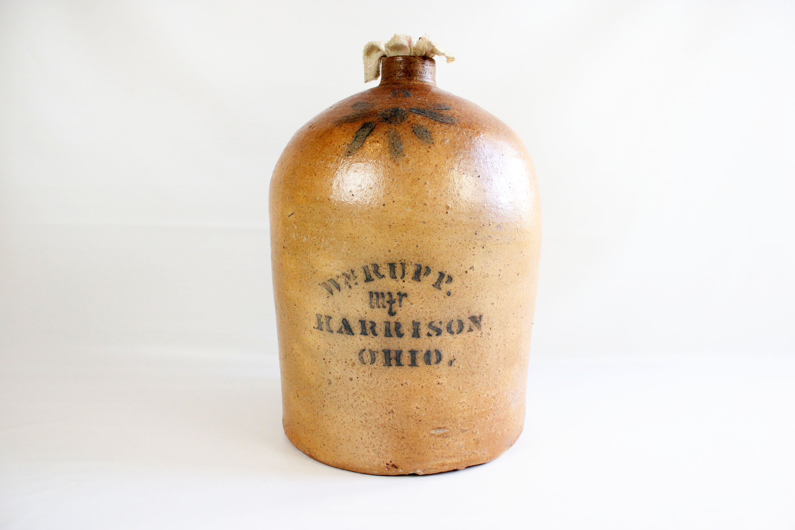 Antique 5 Gallon Stoneware Jug & Cork "WM. Rupp. Mfr., Harrison, Ohio