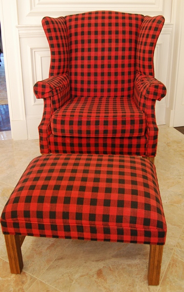 Red and Black Plaid Wingback Chair and Footstool EBTH
