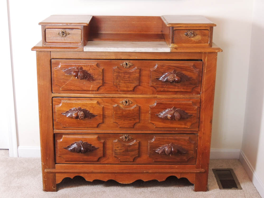 Antique Victorian Drop Center Wood Dresser with Carved Pulls and Marble