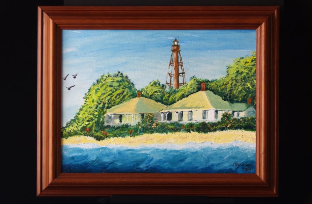 Signed and Framed Painting on Canvas, 'Sanibel Lighthouse' by Carolyn