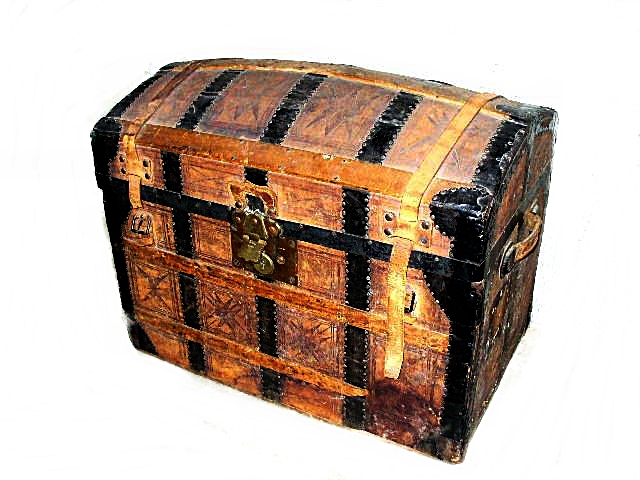 Antique Camelback Wooden Steamer Trunk with Metal Banding and Leather