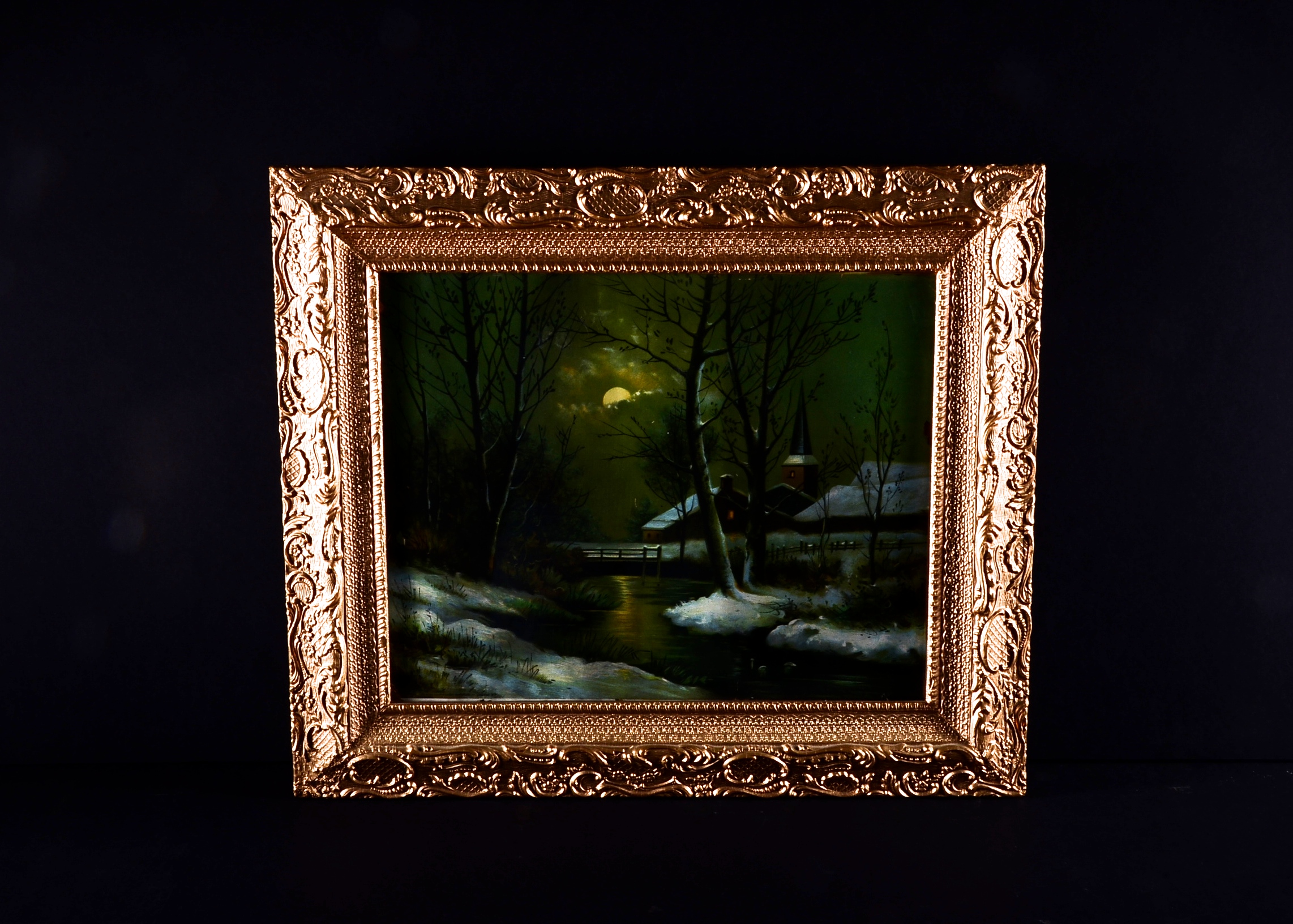 1909 Framed Hallen and Weiner Wintry Cottage Scene Print ...