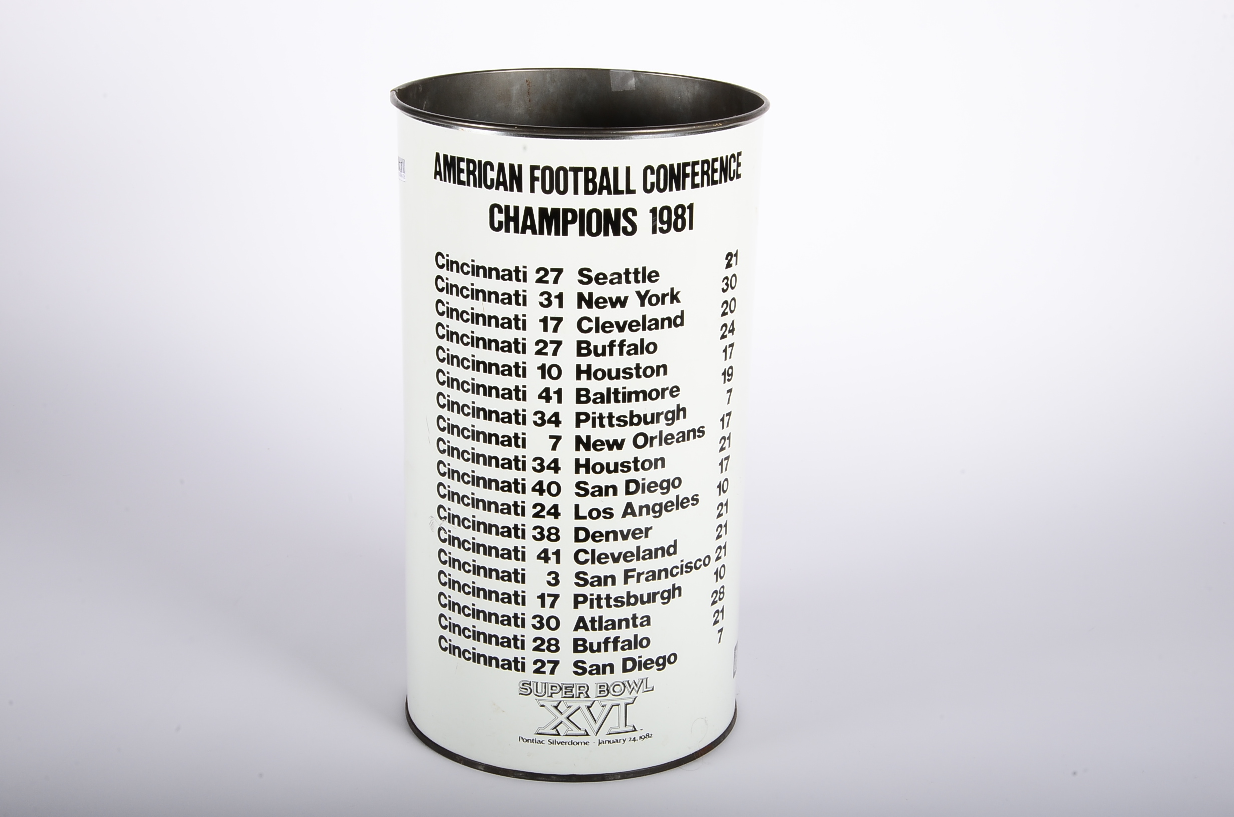 1981 Cincinnati Bengals Super Bowl XVI Metal Trash Can With Dates