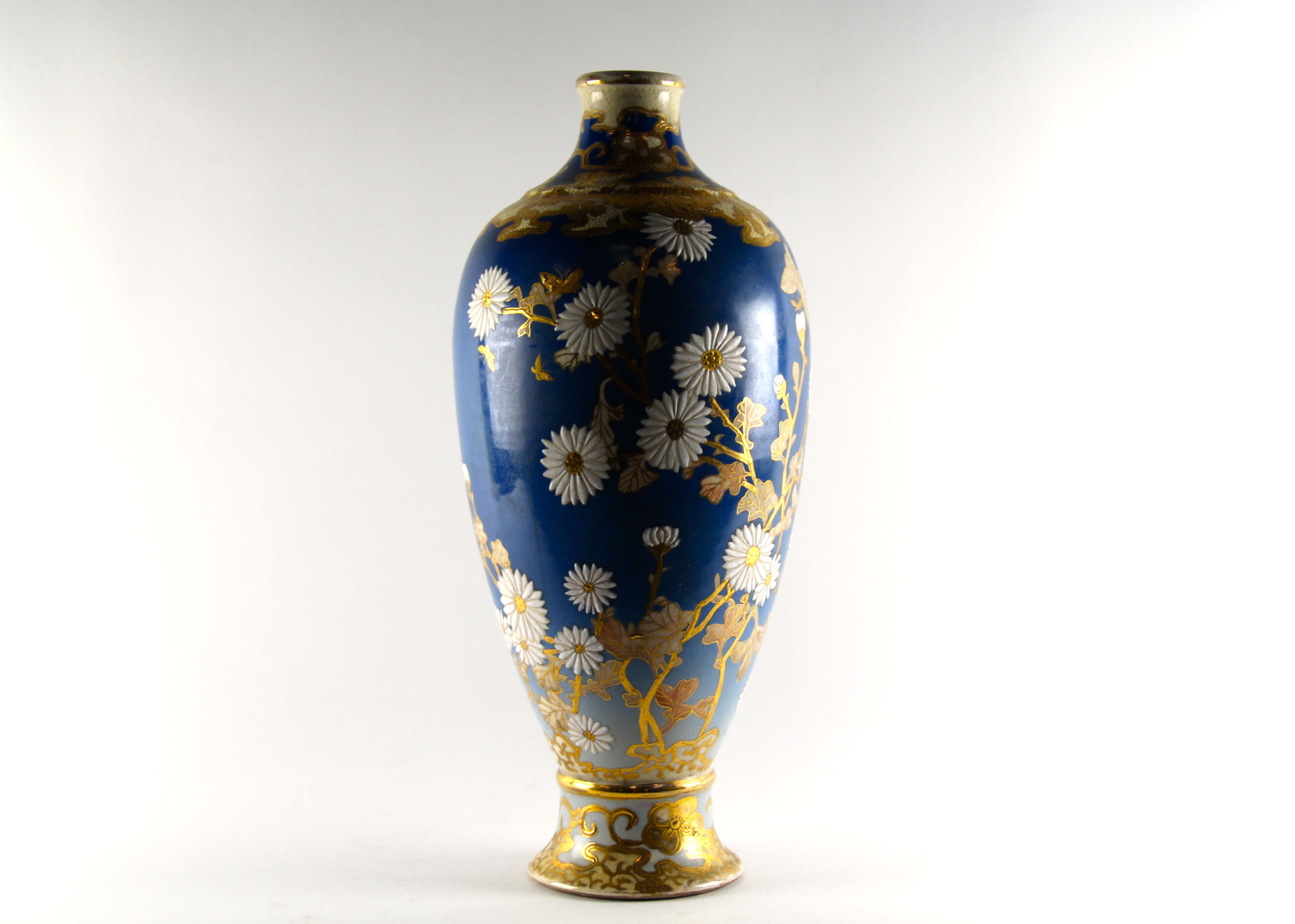 1920s Porcelain Hand Painted Blue And Gold Floral Satsuma Vase Ebth