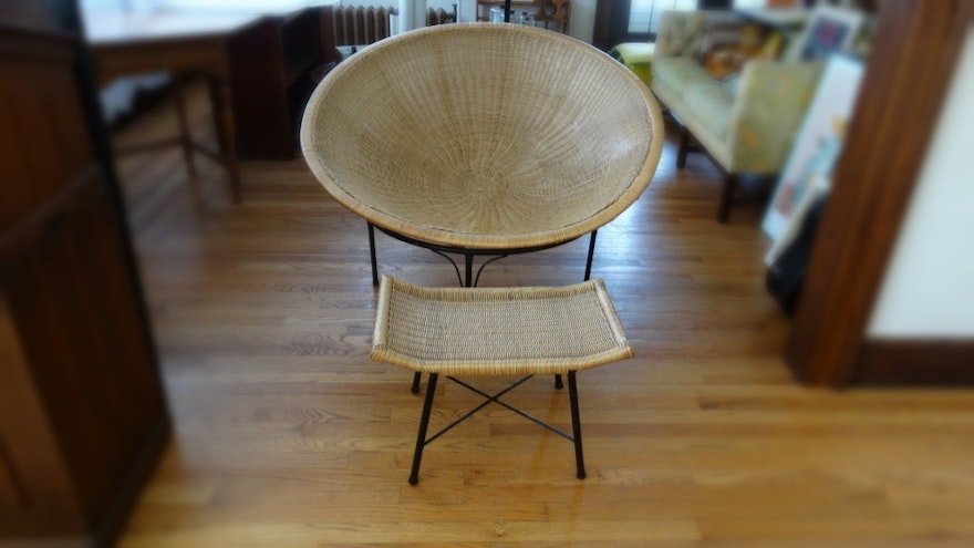 Vintage Saucer Chair With Wicker Bowl And Metal Base Ebth