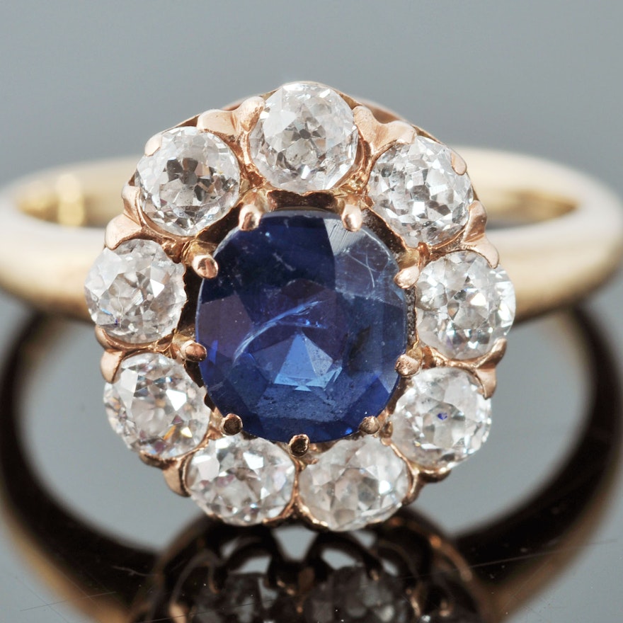 14 K Yellow Gold, Blue Sapphire and Diamond Ring