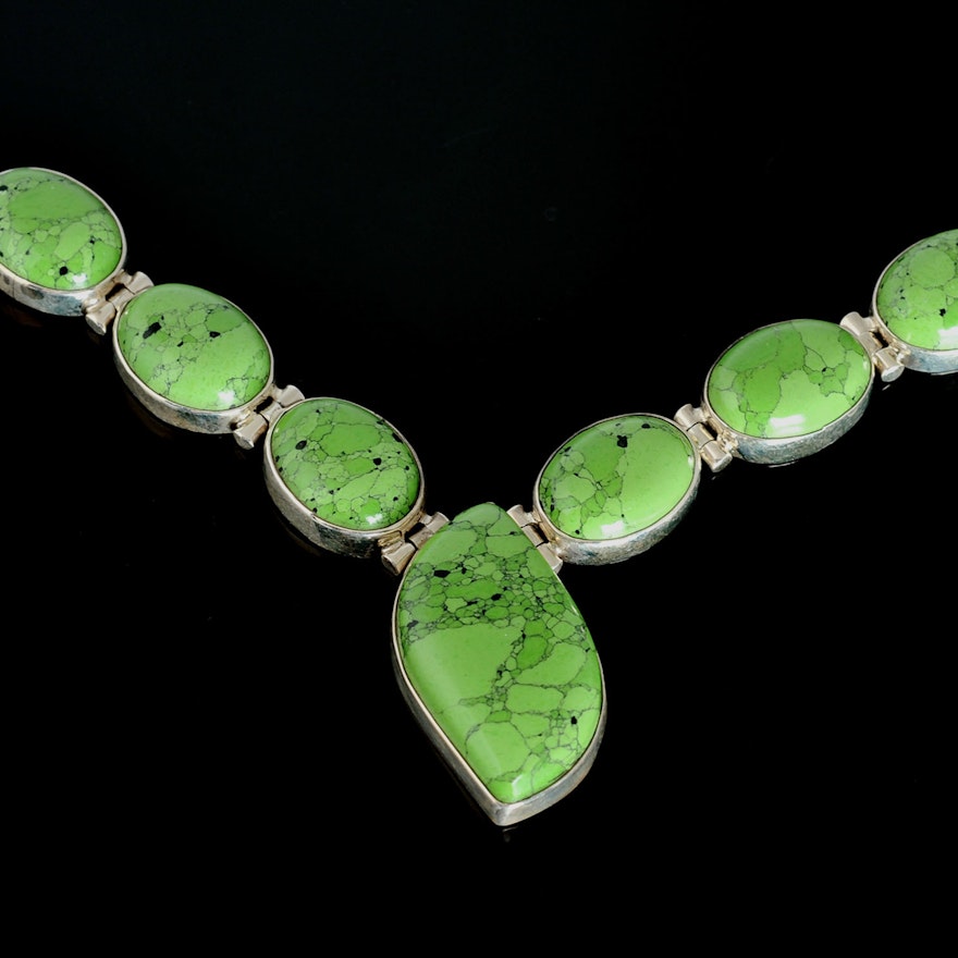 Sterling Silver Necklace with Bezel Set Lime Green Cabochons
