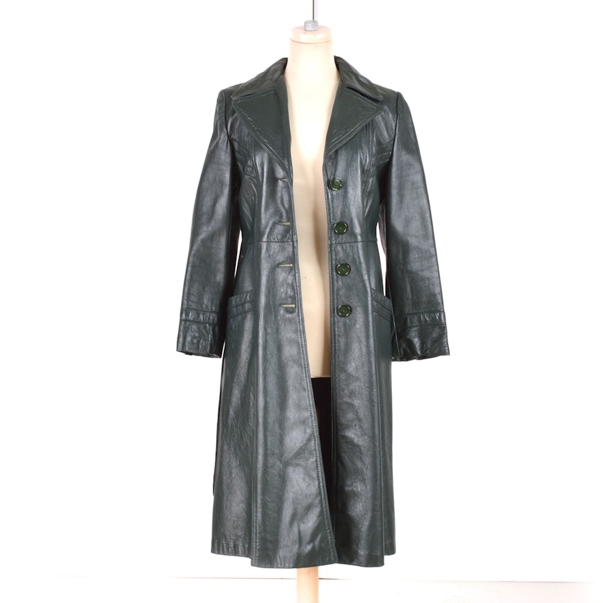 Classic 1970s Vintage Forest Green Leather Coat 