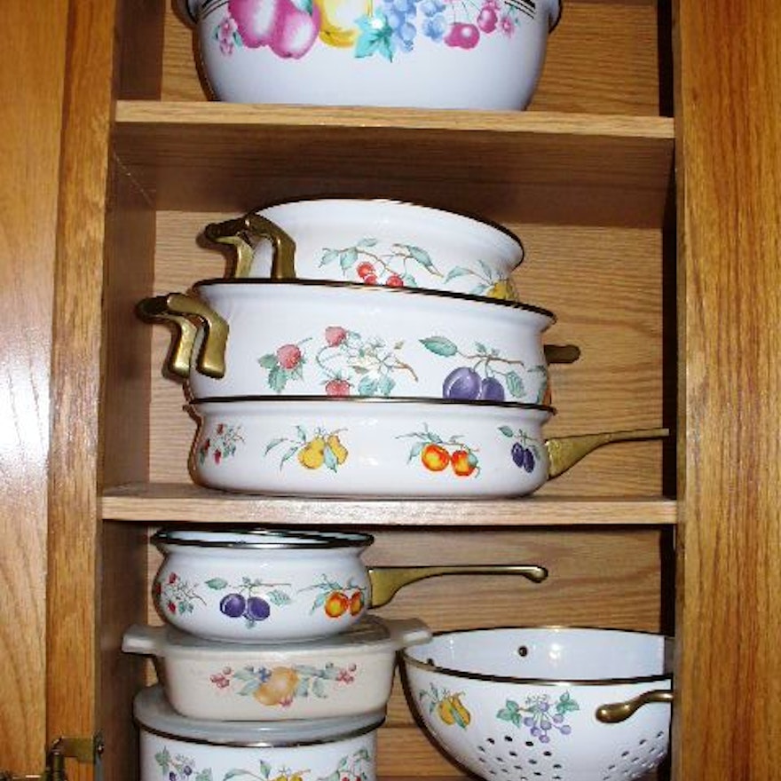 White Enamel Cookware with Fruit Motif and Teakettle