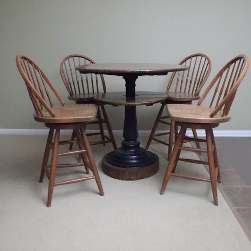 Antique Cast Iron Oak Tavern Table And Swivel Chairs