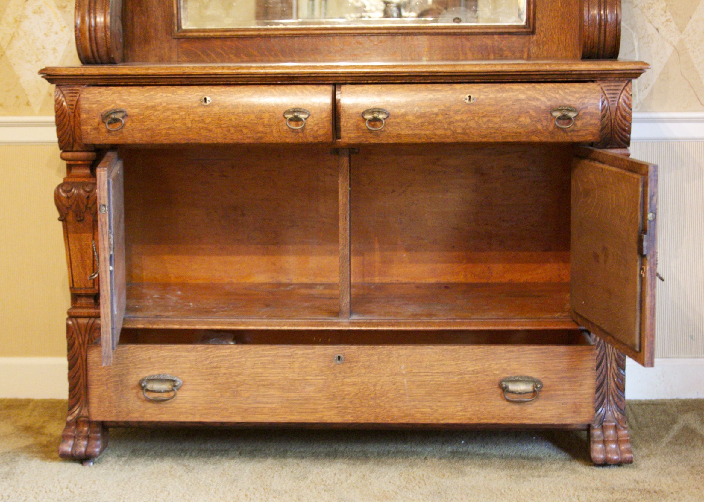 Antique Tiger Oak Sideboard Buffet with Beveled Mirror EBTH