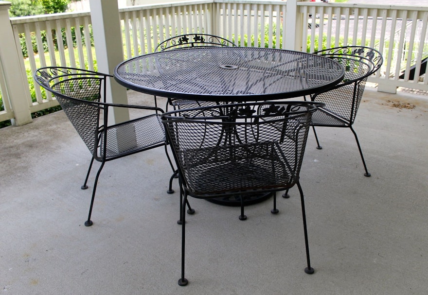Wrought Iron Patio Table, Four Chairs and Umbrella Stand ...