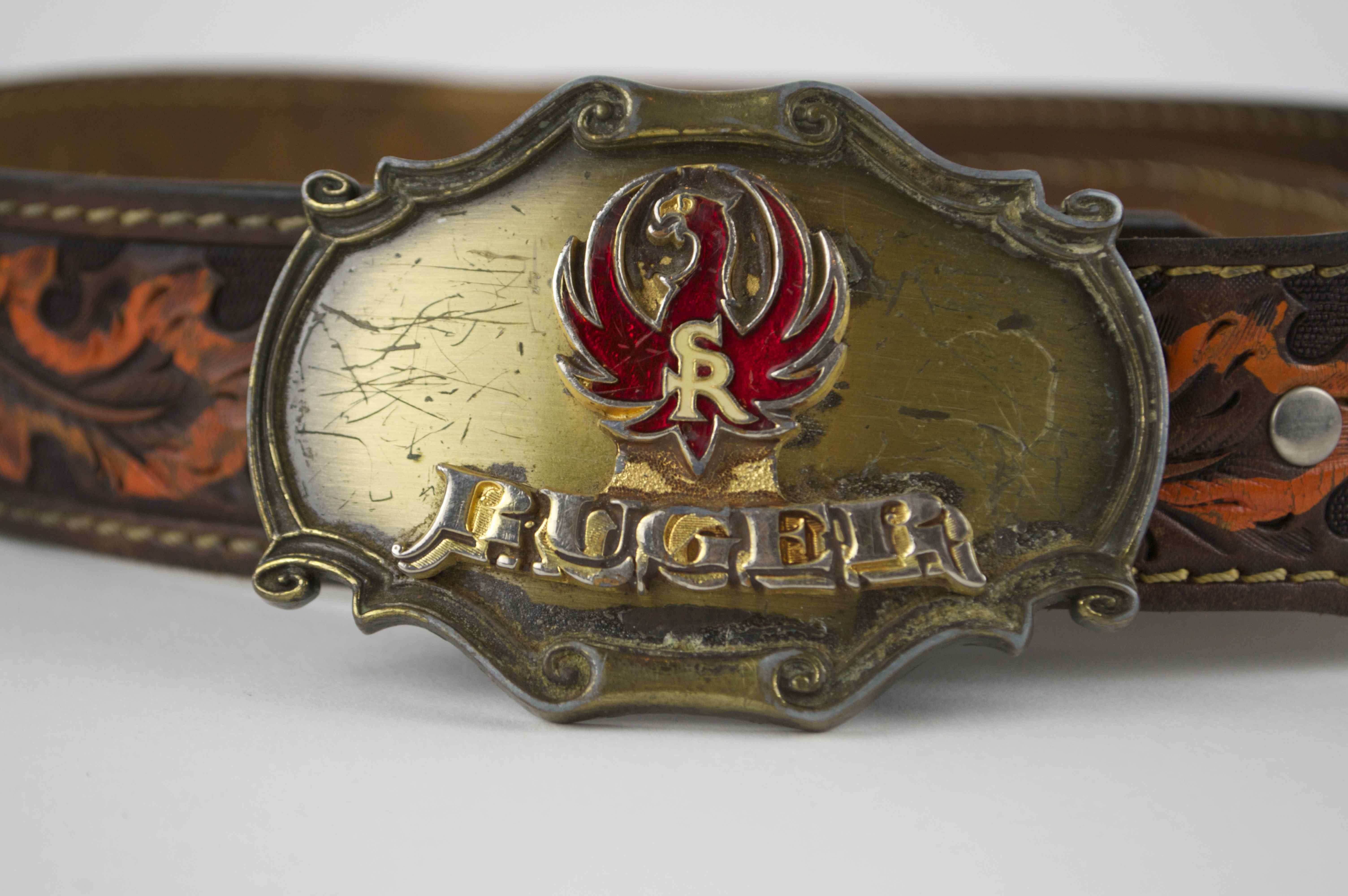 Vintage 1980 Raintree Ruger Brass Belt Buckle & Leather Belts EBTH