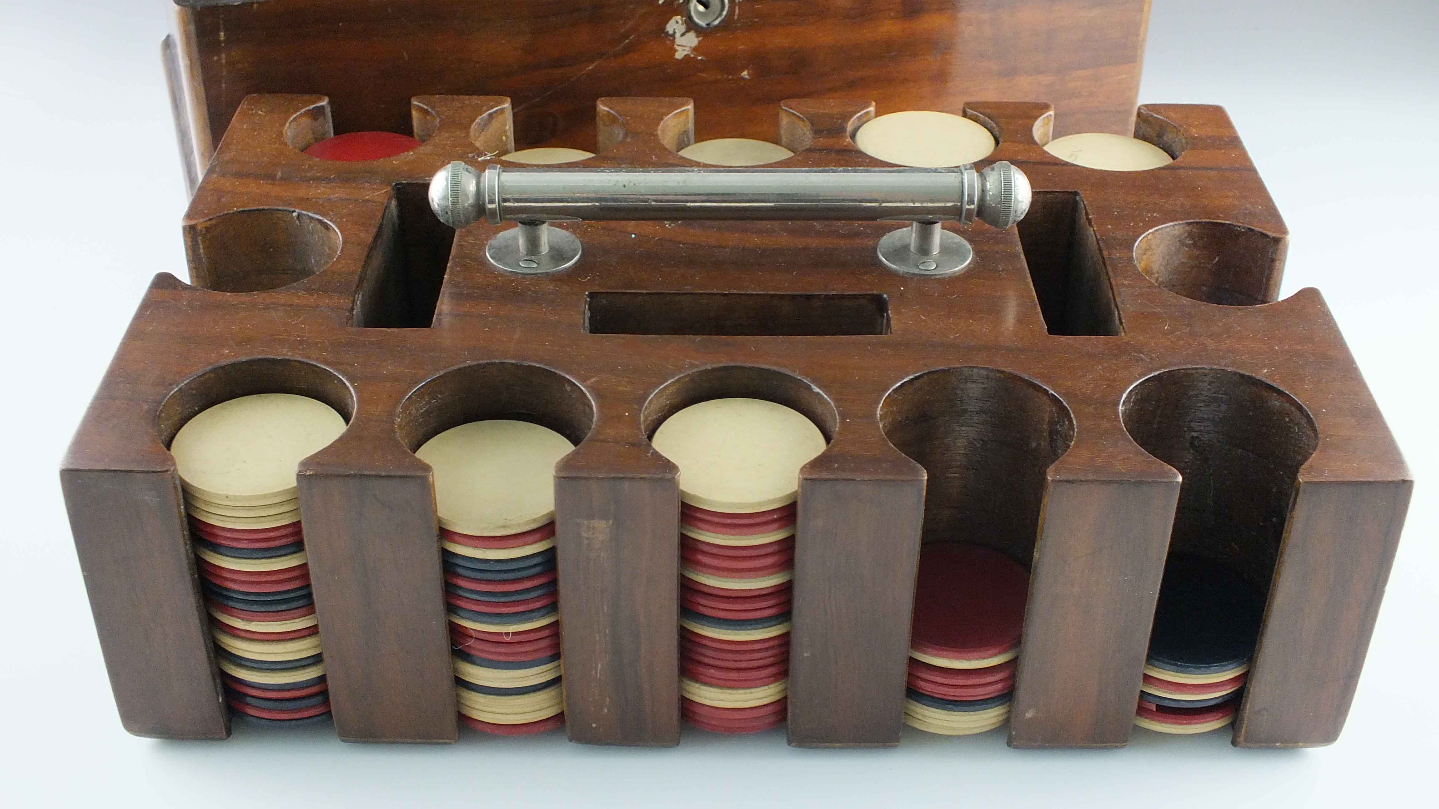 Antique Rosewood Poker Chip Caddy and Chest with Clay Chips EBTH