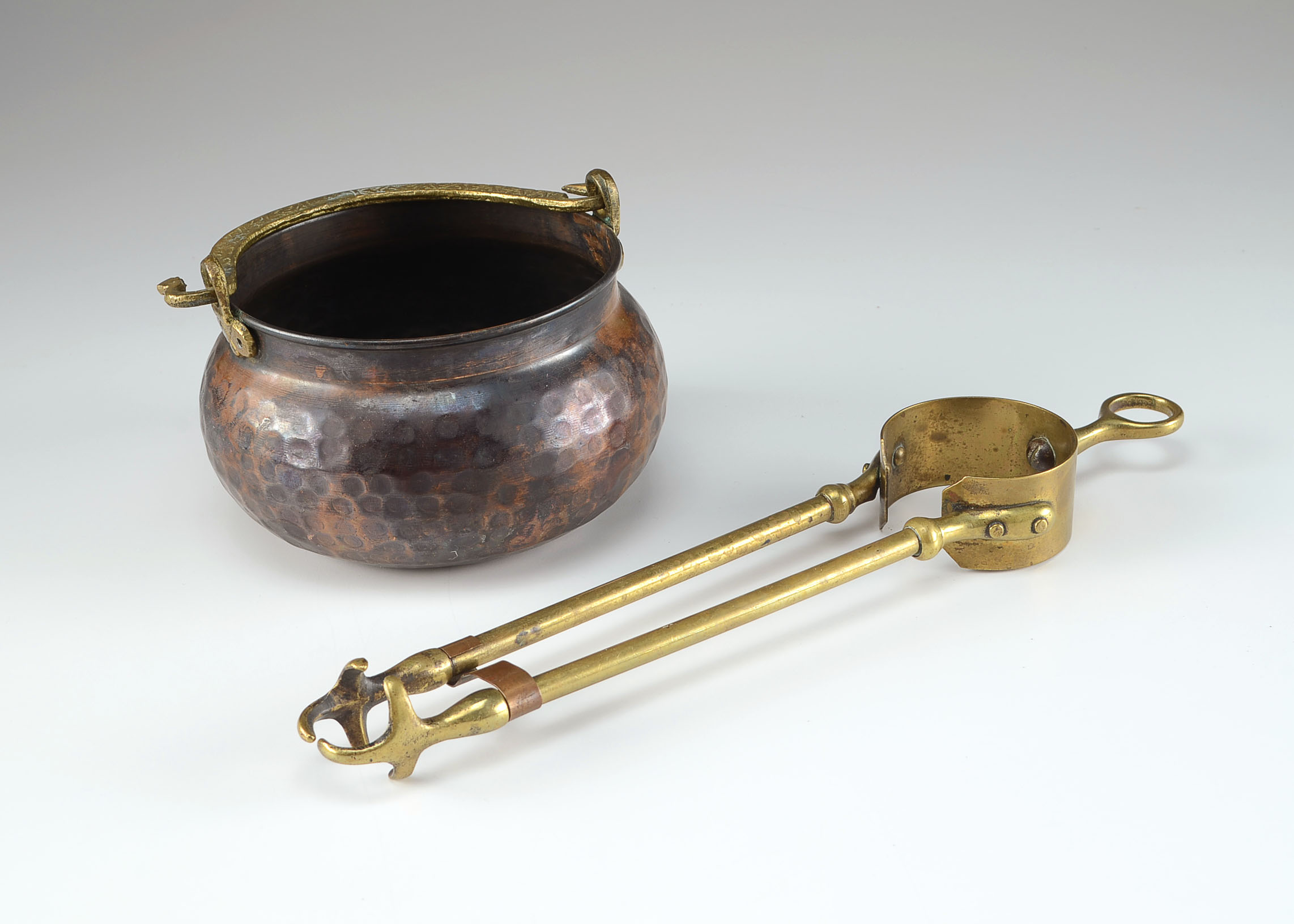 Antique Brass Fireplace Ember Tongs and Copper Kettle EBTH