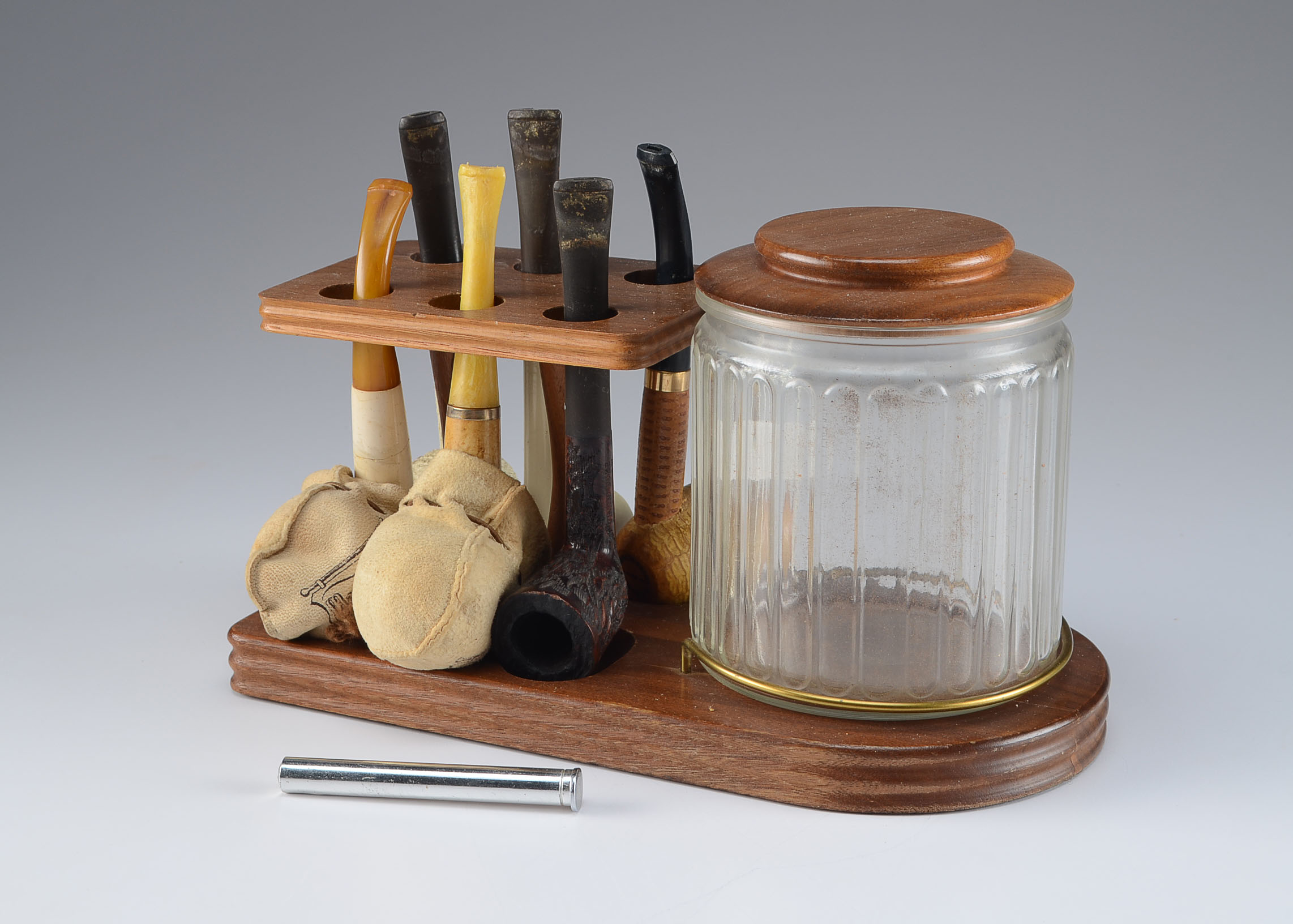 A Vintage Walnut Tobacco Pipe Rack And Pipes With Jar Ebth