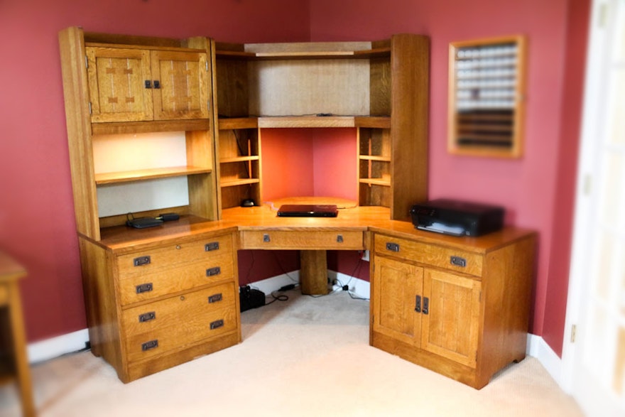 Stickley Mission Collection Corner Desk With Filing Cabinet Ebth
