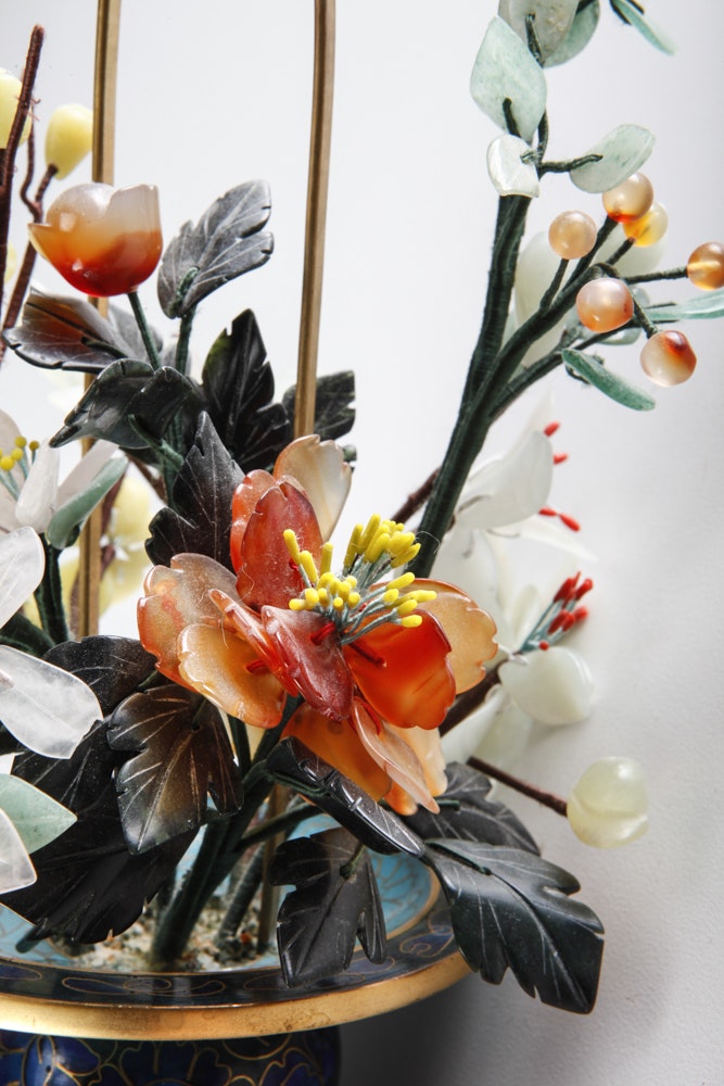 Vintage Chinese Jade Stone Floral Arrangement in Cloisonne Pot | EBTH