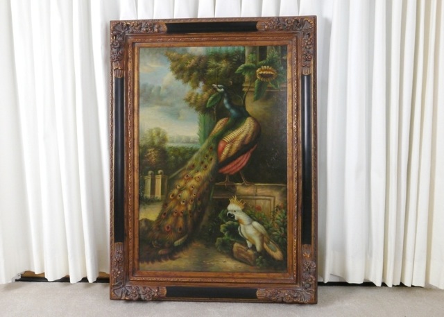 Large Oil Painting Of A Peacock And Cockatoo Ebth