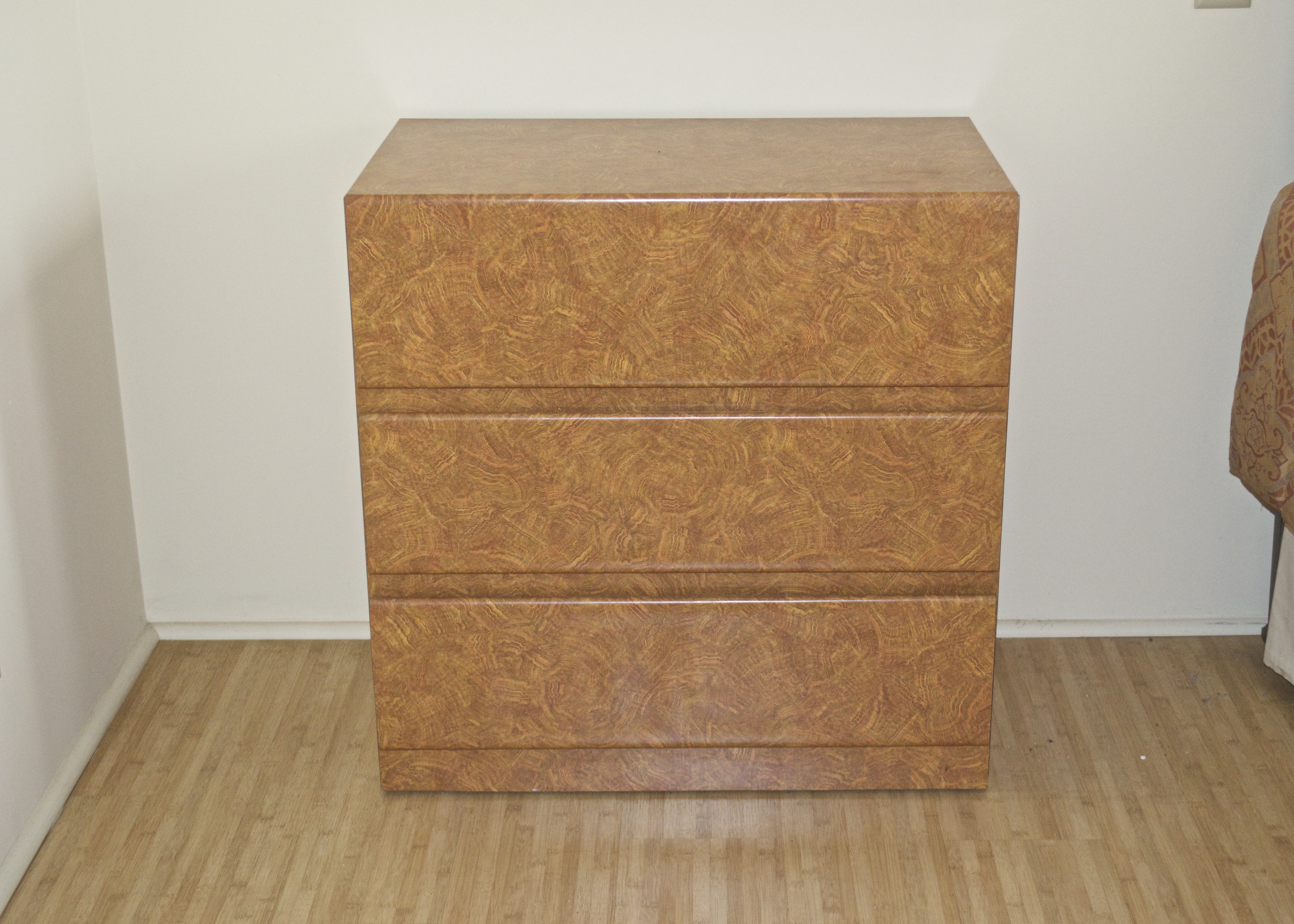 Three Drawer Nightstand In Blonde Faux Wood Laminate Finish Ebth