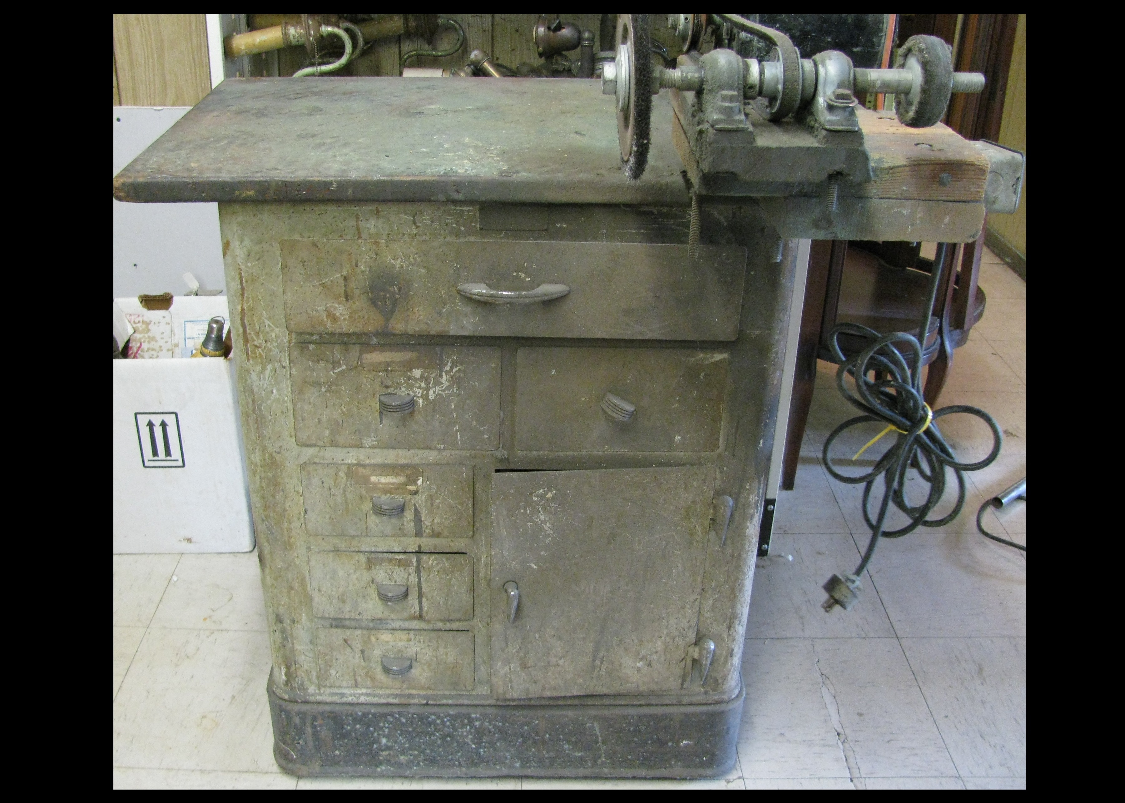 Vintage Belt Drive Bench Grinder And Cabinet Ebth