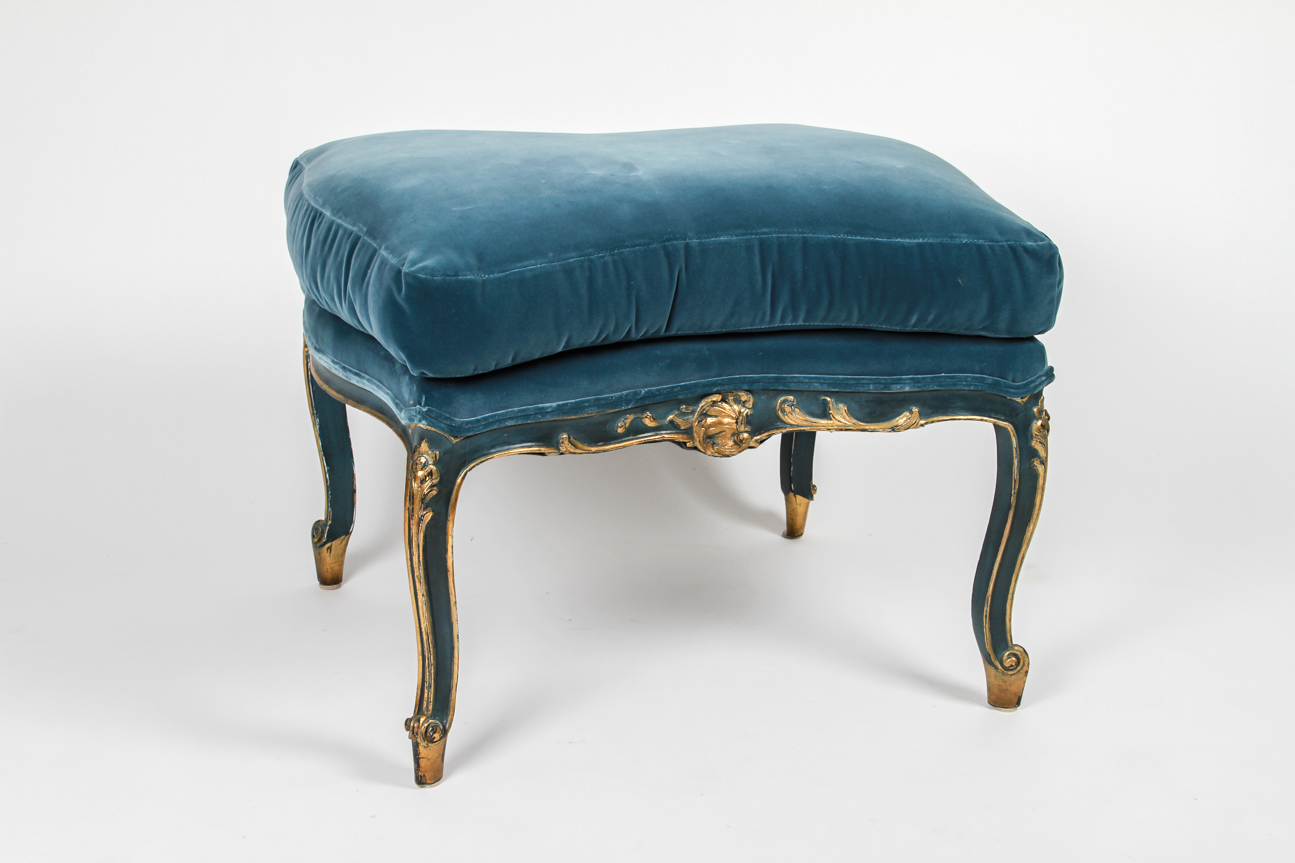 French Blue Velvet Ottoman | EBTH