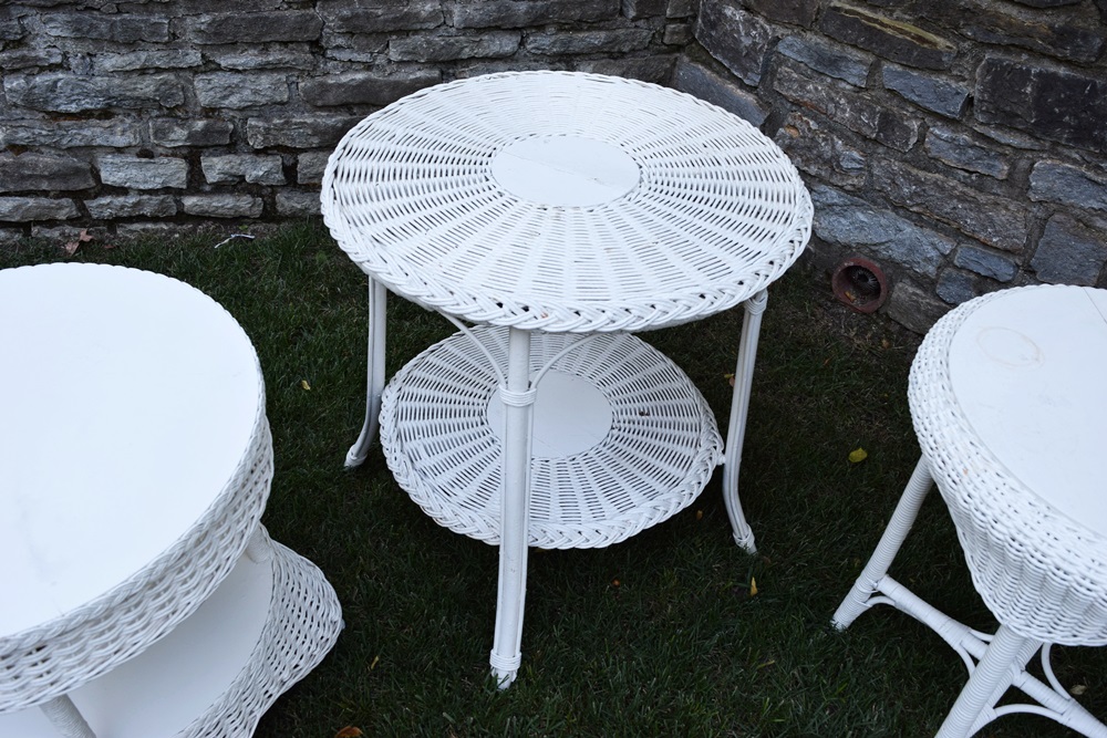 Three Round Vintage White Wicker Side Tables in Various Sizes EBTH