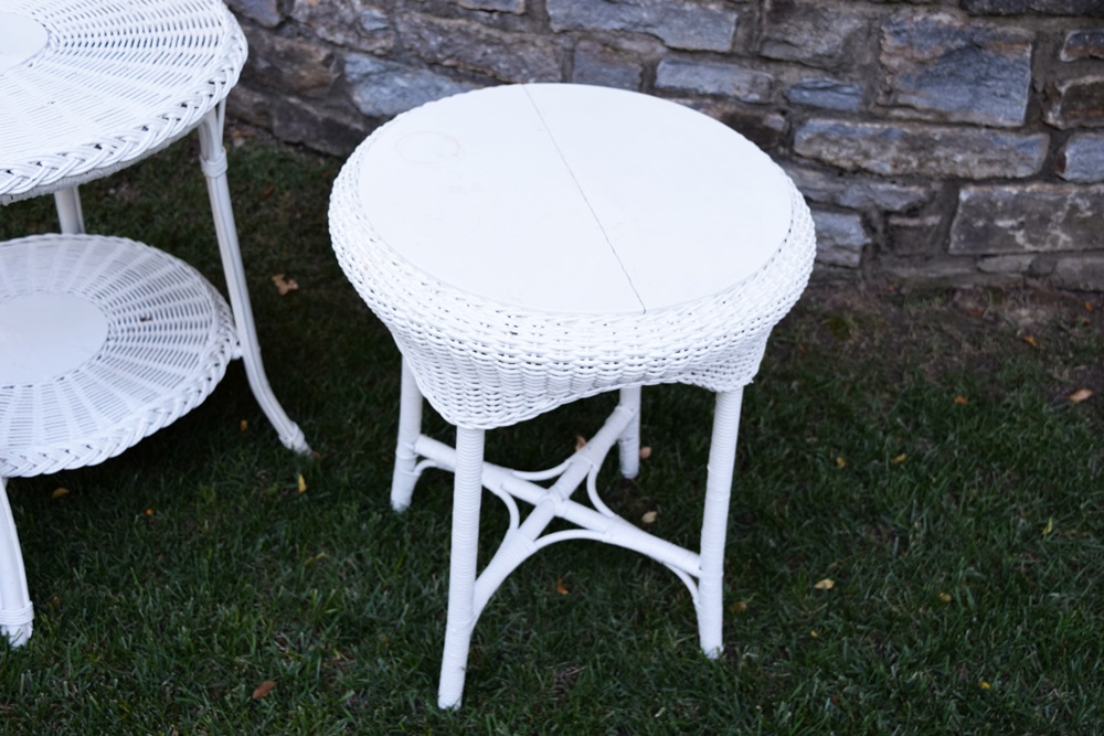 Three Round Vintage White Wicker Side Tables in Various Sizes EBTH
