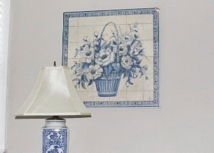 Blue And White Asian Table Lamp And Artwork