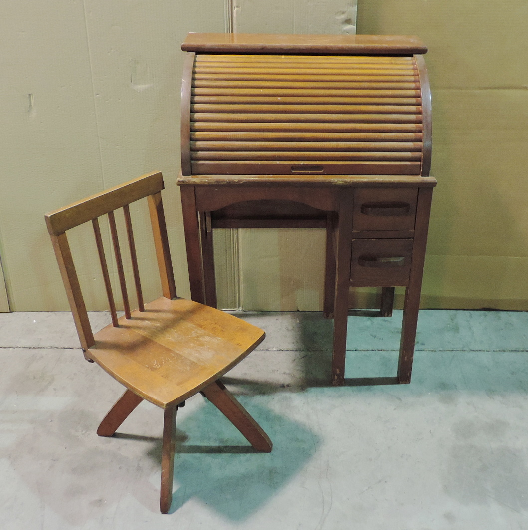 Child's Vintage Rolltop Desk and Swivel Chair EBTH