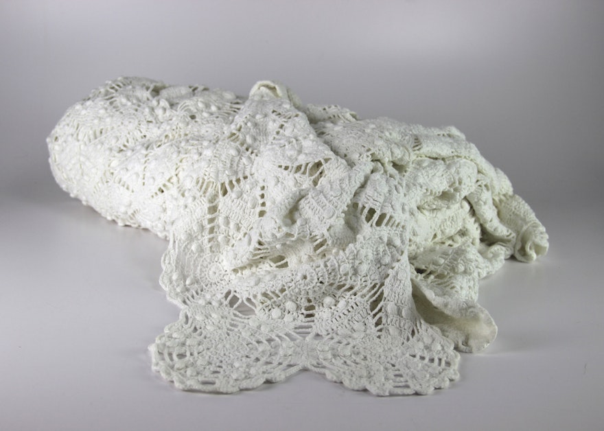 Hand Crocheted White Bed Cover And Dresser Scarf Ebth