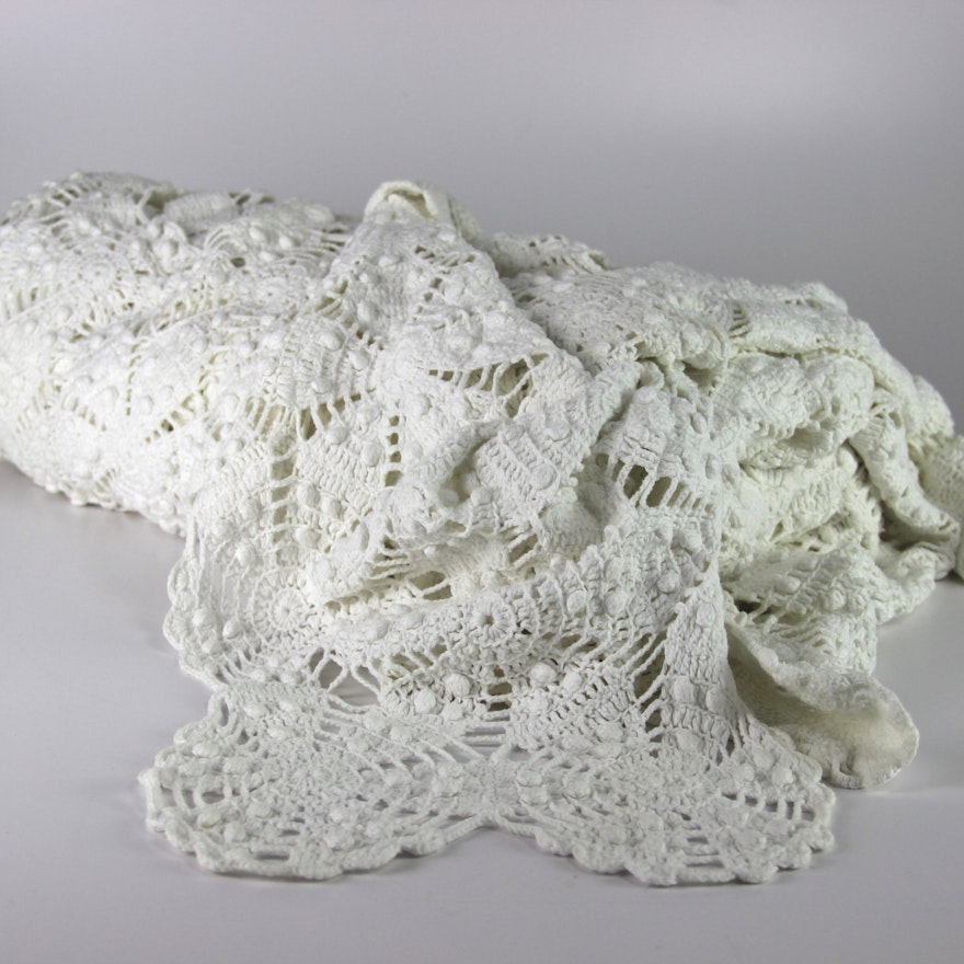 Hand Crocheted White Bed Cover And Dresser Scarf Ebth