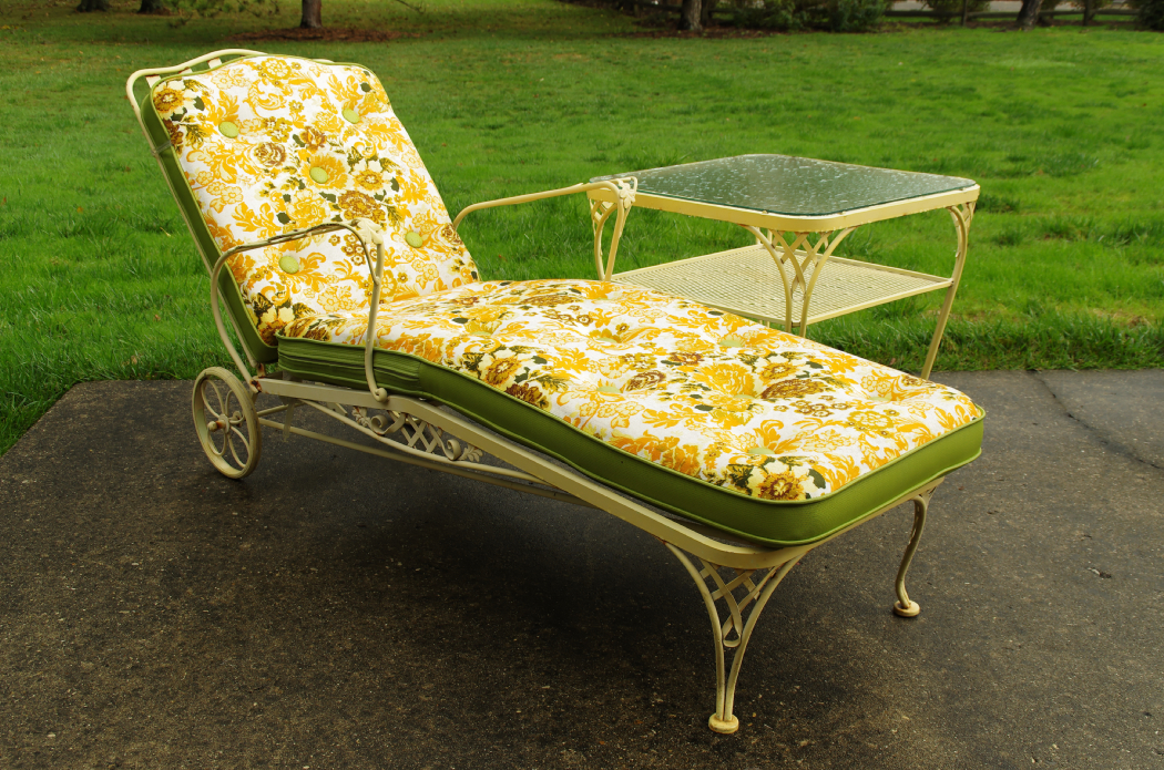 Vintage Wrought Iron Chaise Lounge with Cushion and Side Table EBTH