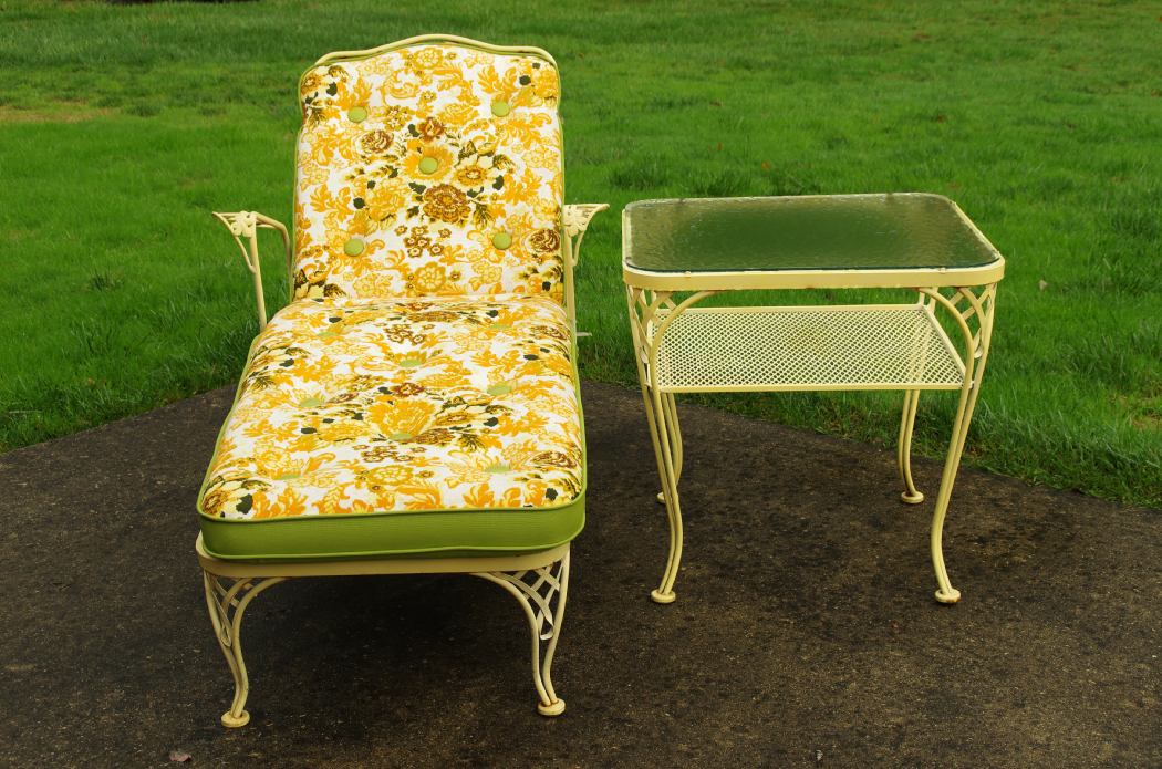 Vintage Wrought Iron Chaise Lounge with Cushion and Side Table EBTH