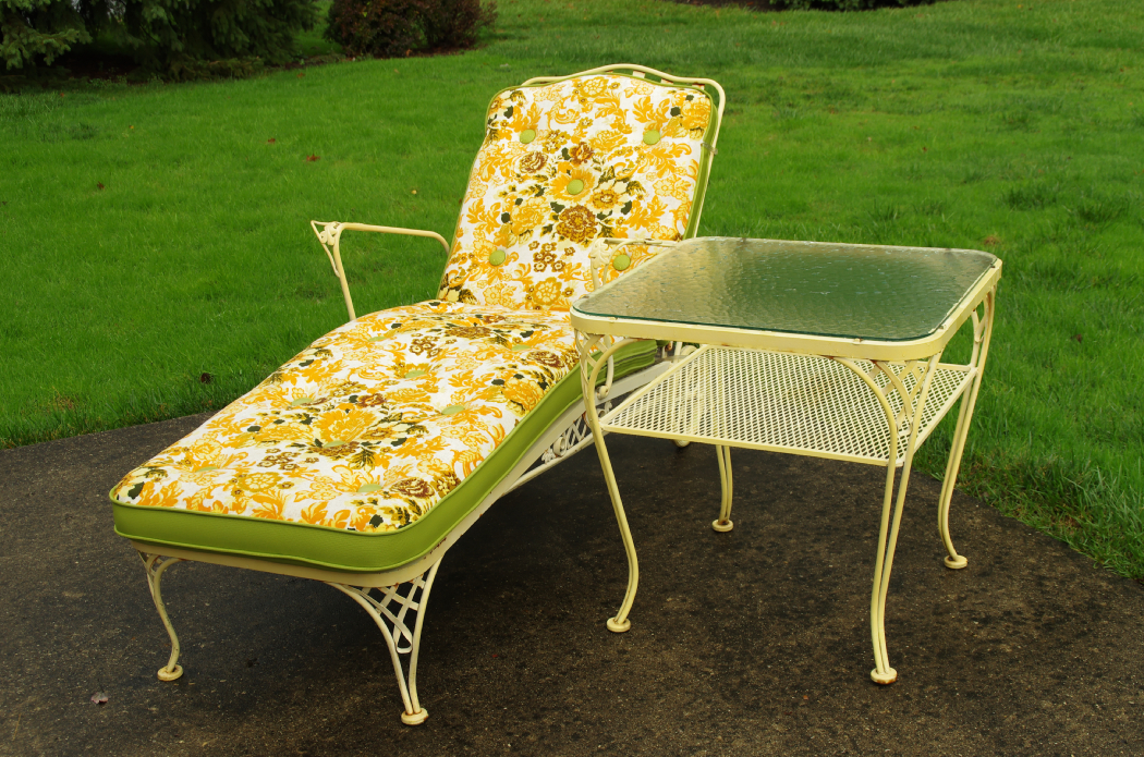 Vintage Wrought Iron Chaise Lounge with Cushion and Side Table EBTH