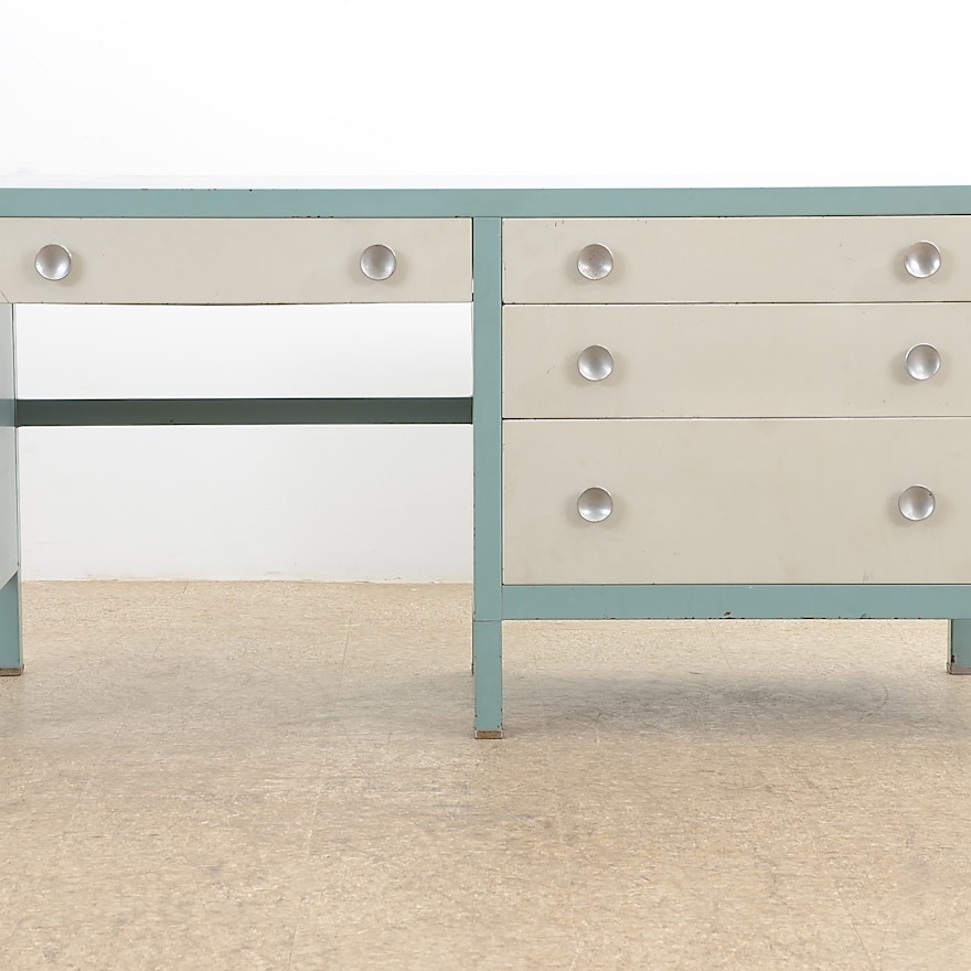 Norman Bel Geddes Industrial Blue Metal Desk Ebth